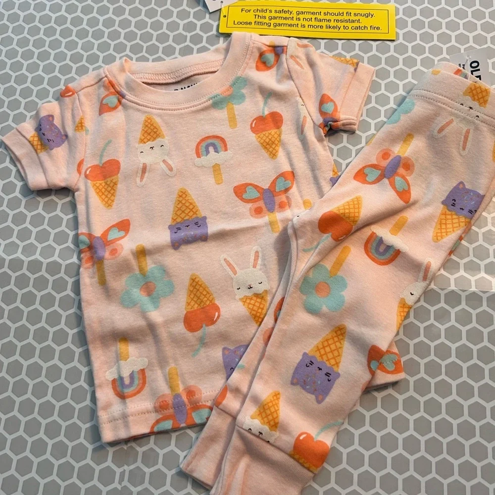 Old Navy Pink Pajama Set with Ice Cream, Bunny & Rainbow Print.    Size 6-12M